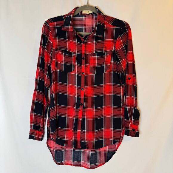 Love Notes Plaid Red Black White Tab Sleeve Shirt Size Small - Picture 2 of 11